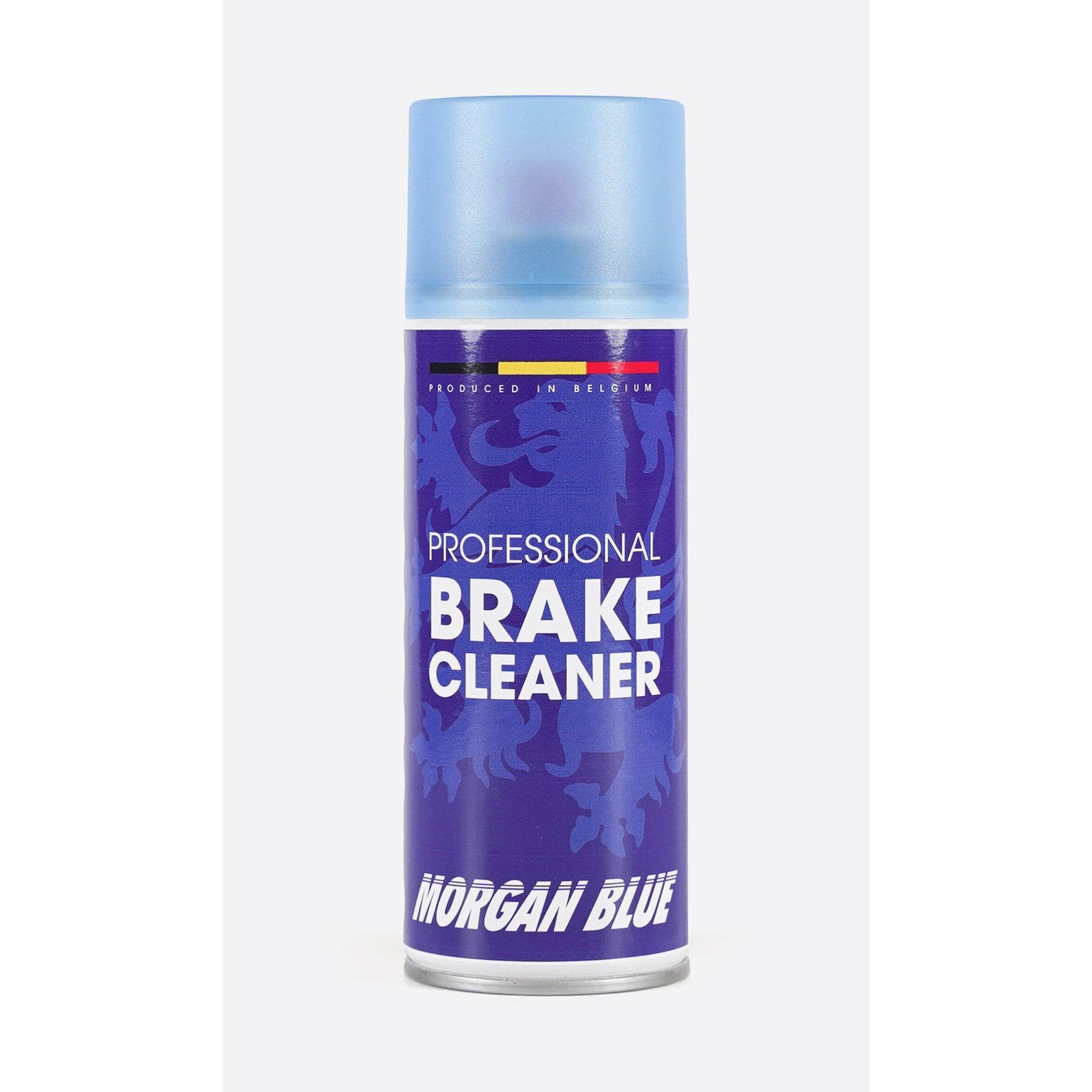 Morgan Blue brake cleaner aerosol spray, fast-drying workshop product removing grease and brake dust from bike components.