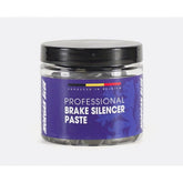 Morgan Blue Brake Silencer Paste 200cc for disc brake vibration and squeak reduction, shown in a workshop setting.