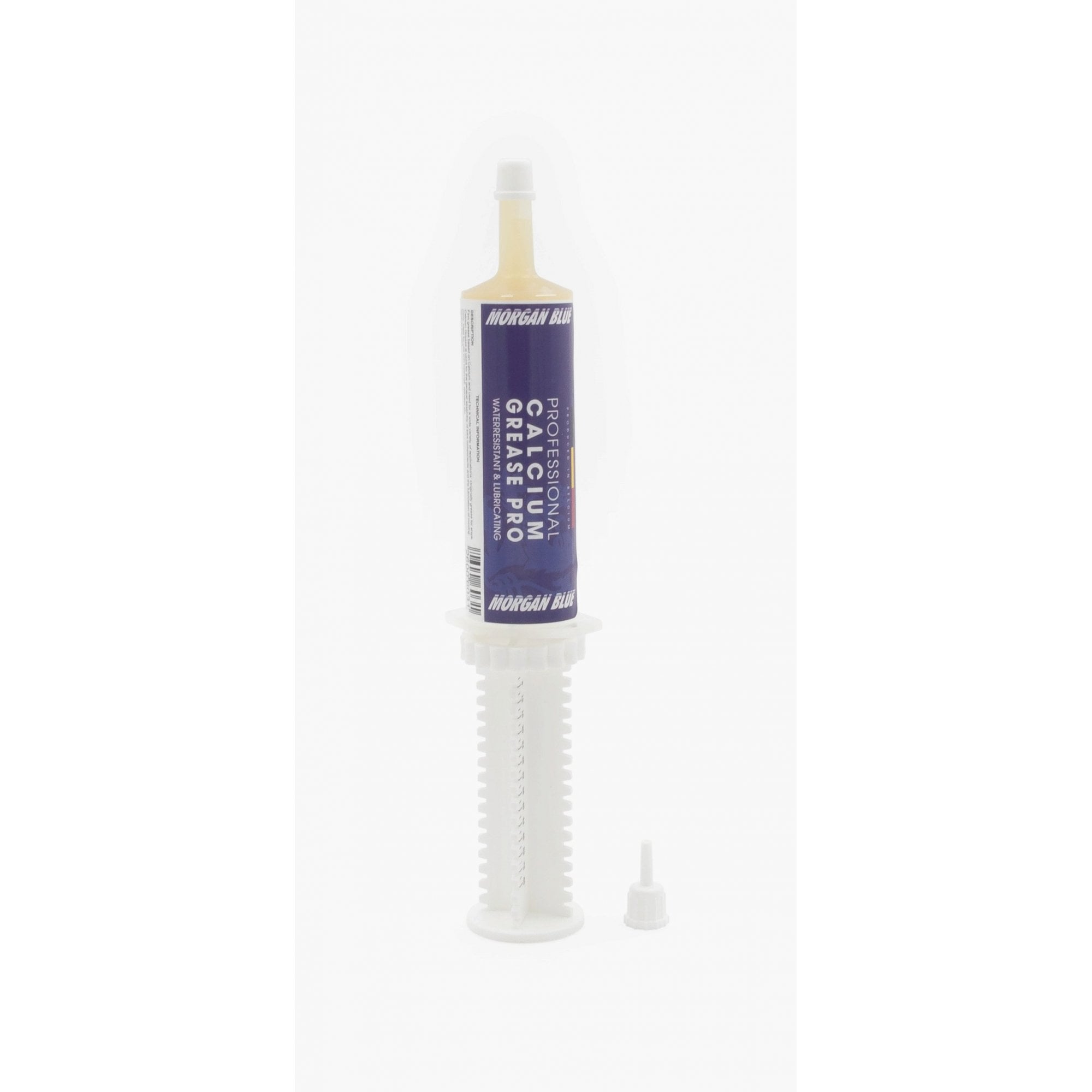 Morgan Blue Calcium Pro Grease in a 60cc tube, waterproof bike and workshop lubricant, shown with packaging and applicator.
