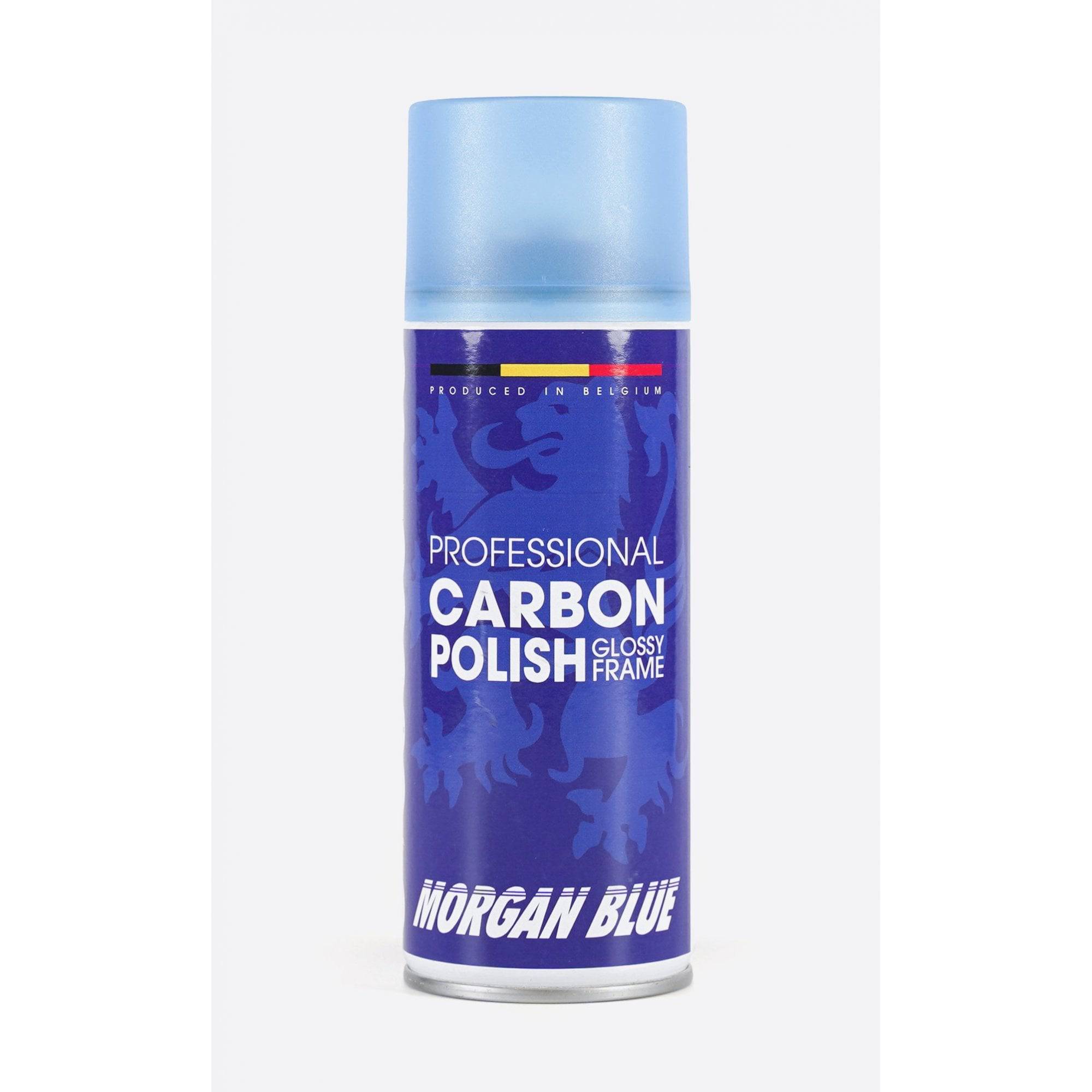Morgan Blue Carbon Polish Aerosol for bike paint and chrome cleaning with protective shine, shown in a workshop setting.