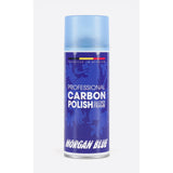 Morgan Blue Carbon Polish Aerosol for bike paint and chrome cleaning with protective shine, shown in a workshop setting.