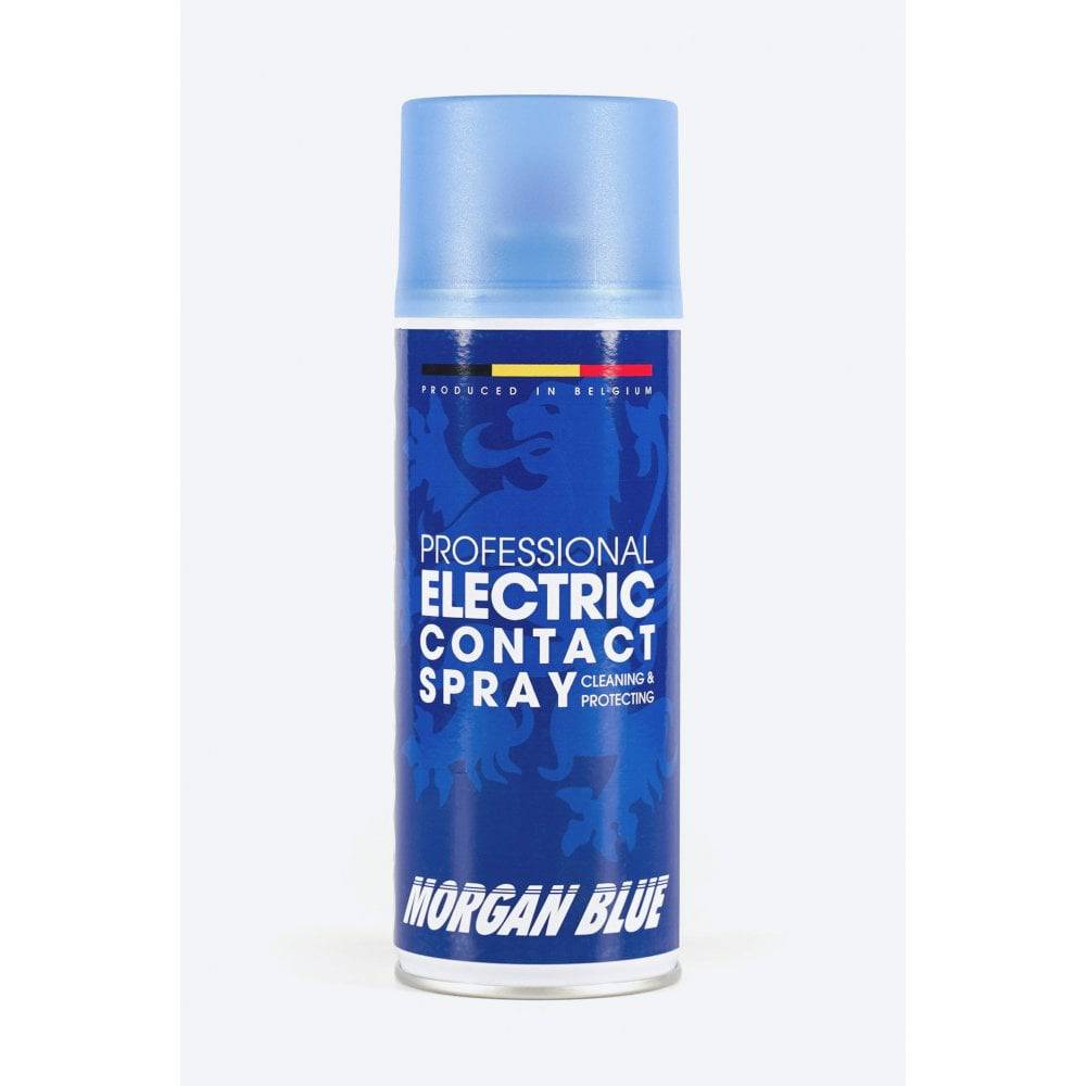 Morgan Blue Electric Contact Spray aerosol for cleaning and protecting electrical connectors in workshop settings.