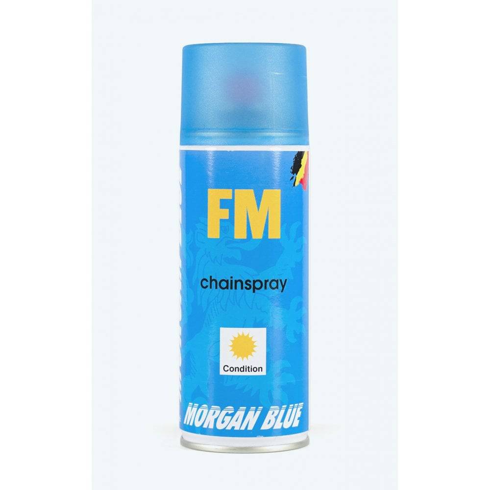 Morgan Blue FM Chainspray aerosol can for bike chain cleaning and lubrication, ideal for dry weather maintenance.