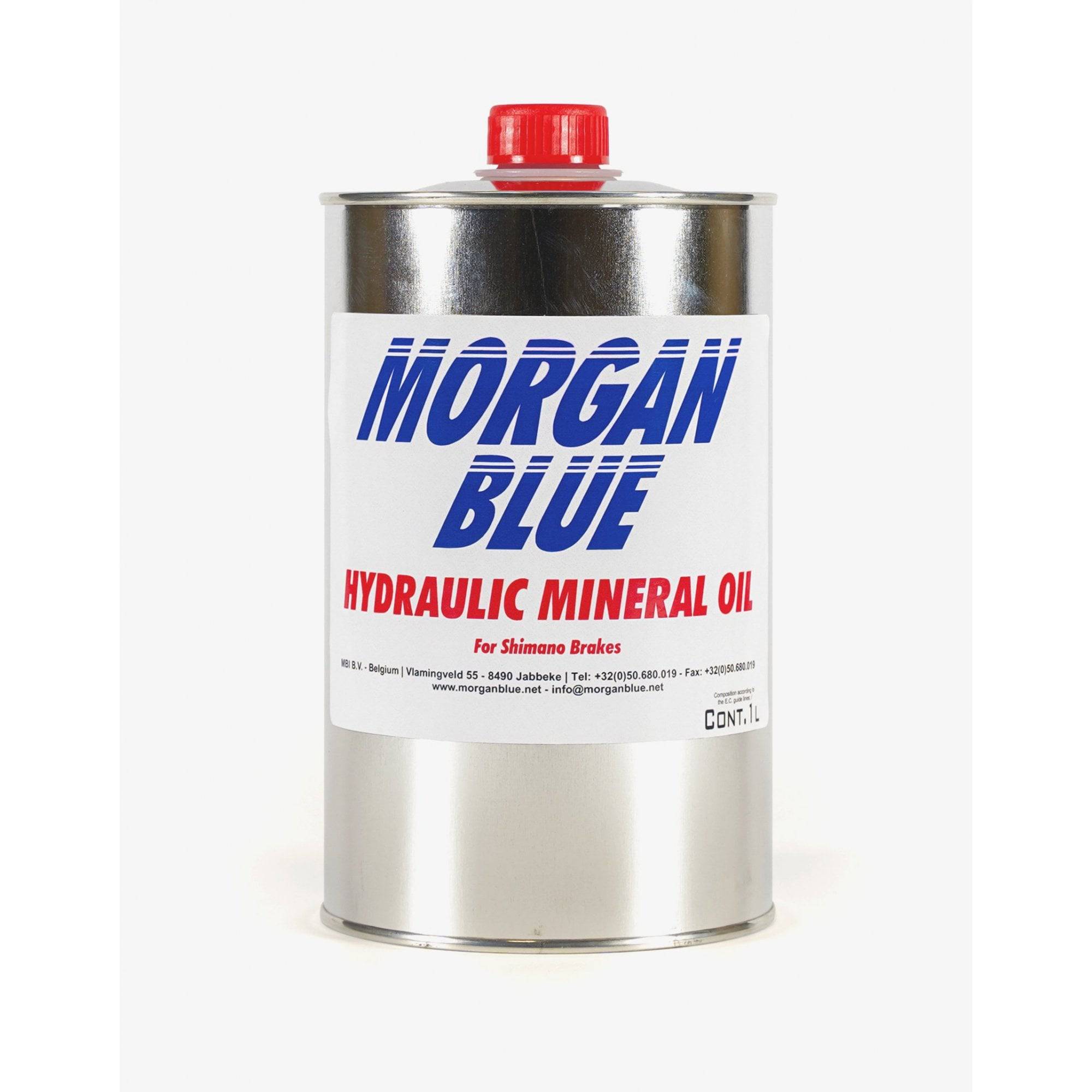 Morgan Blue hydraulic mineral oil for brake systems in a 1000cc bottle, workshop-grade brake fluid for bicycle or vehicle maintenance.