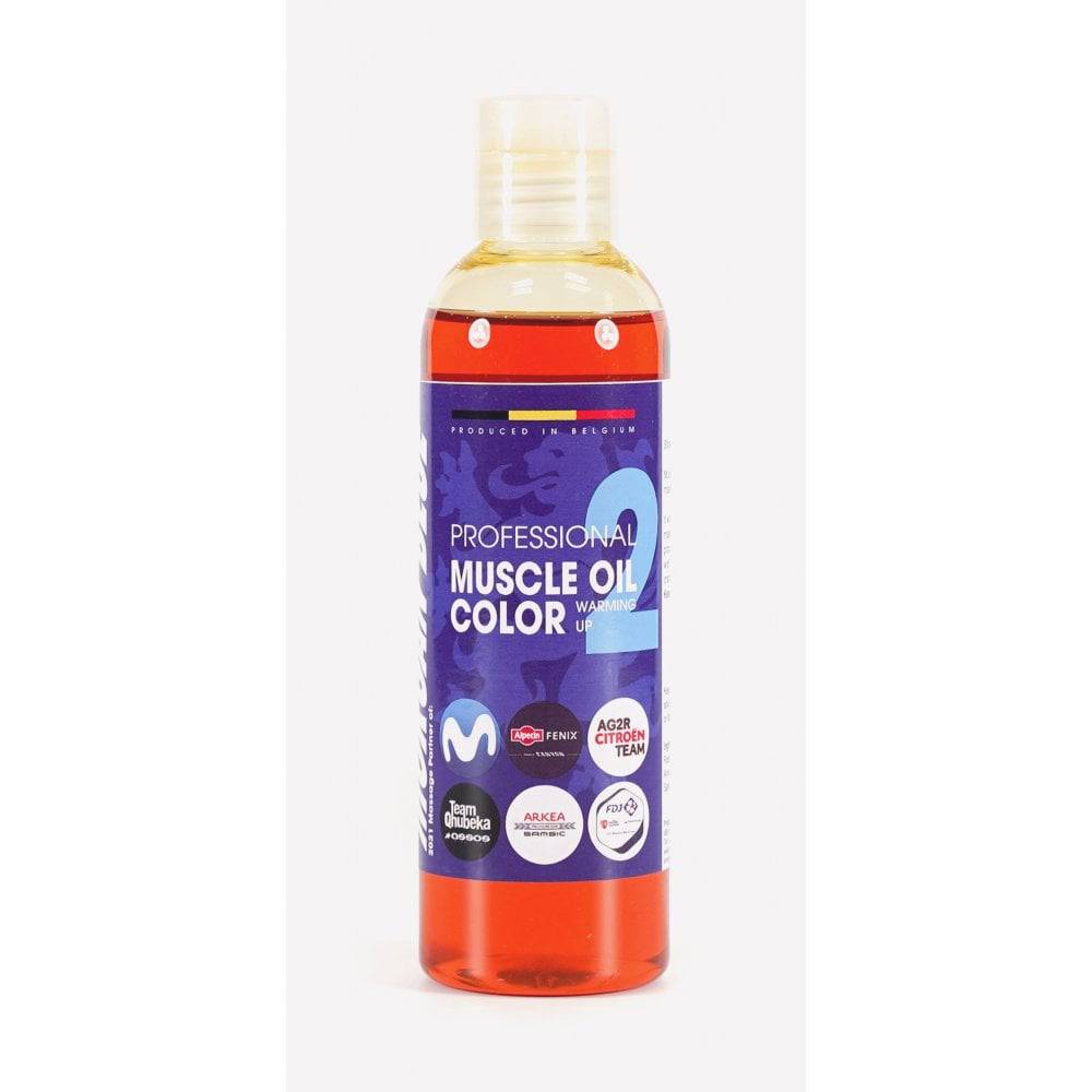 Morgan Blue Muscle Oil Colour 2 natural pre-sports warming oil for muscle relief, shown in a small bottle with label.