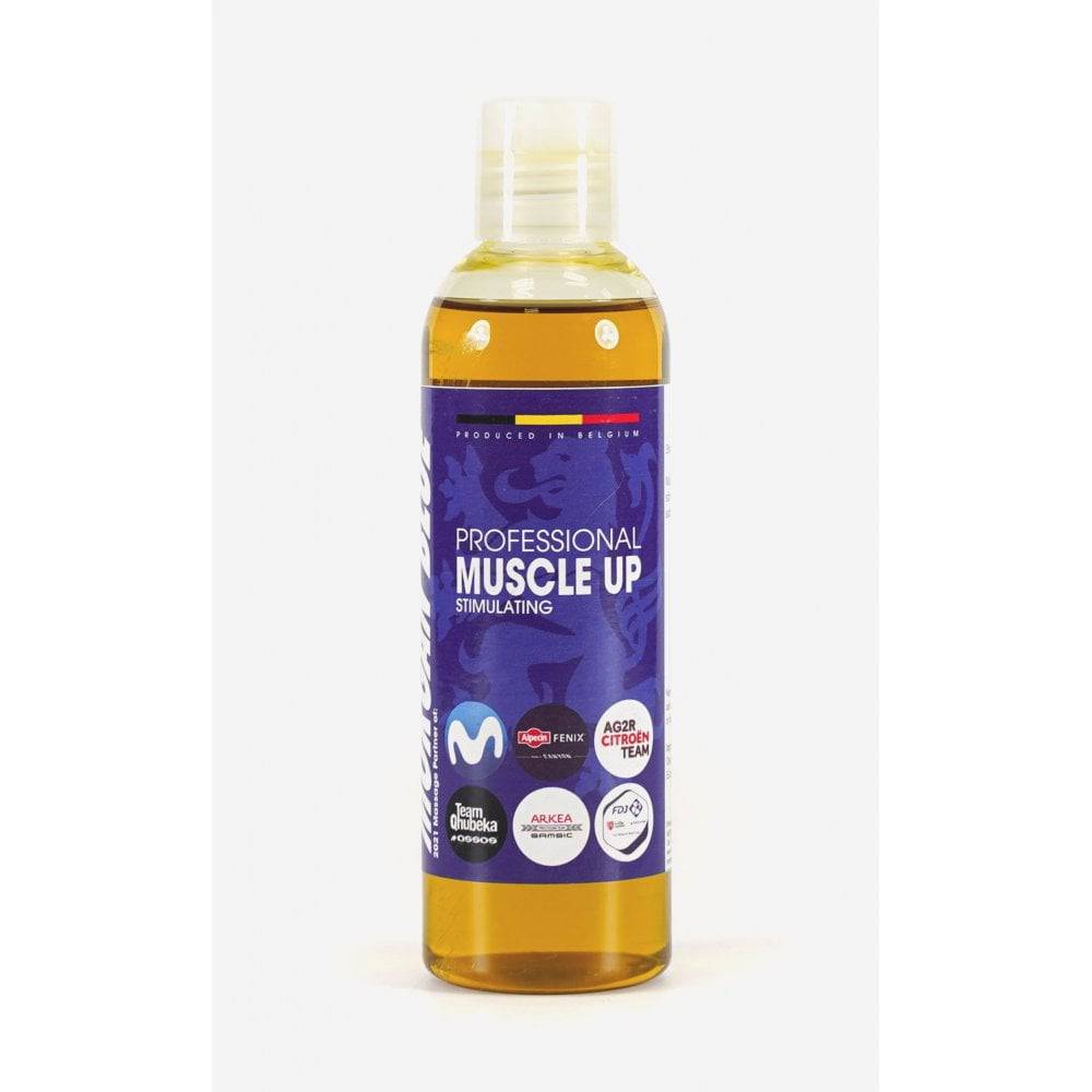 Morgan Blue Muscle Up Pre-Sports Oil 200cc bottle, muscle stimulating and circulation boosting accessory for athletes.