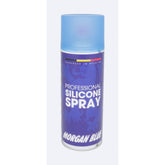 Morgan Blue silicone spray aerosol for bike chain and gear lubrication, workshop use, providing protection and smooth operation.