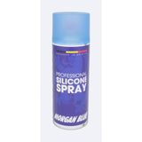 Morgan Blue silicone spray aerosol for bike chain and gear protection and lubrication, shown in a workshop setting