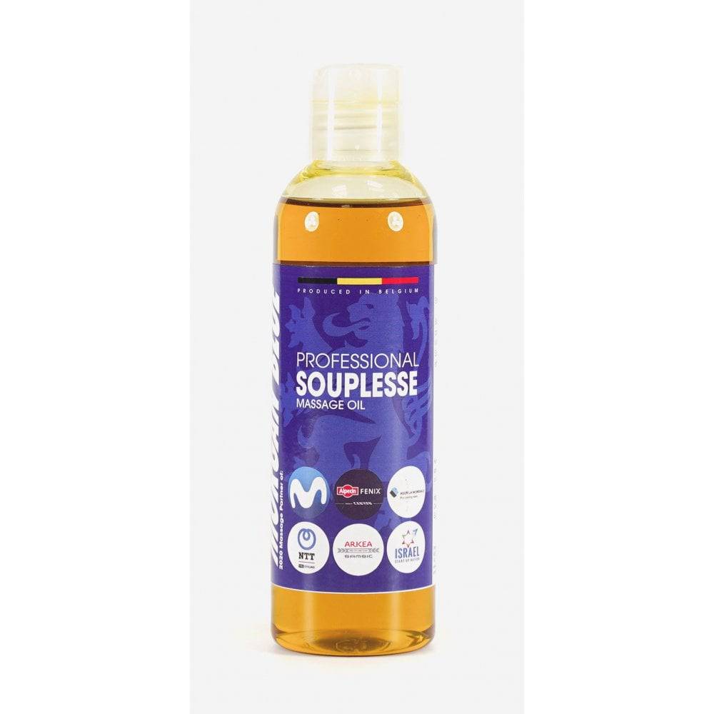 Morgan Blue Souplesse massage oil in 200cc bottle, featuring smooth glide and muscle relaxation for massage therapy.