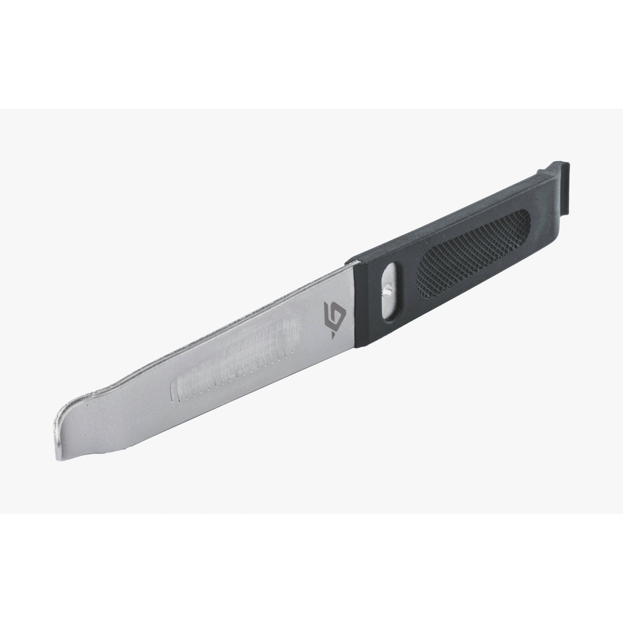 Hutchinson bicycle tyre lever with plastic-coated back for wheel protection, ideal for workshop use, black and ergonomic design.