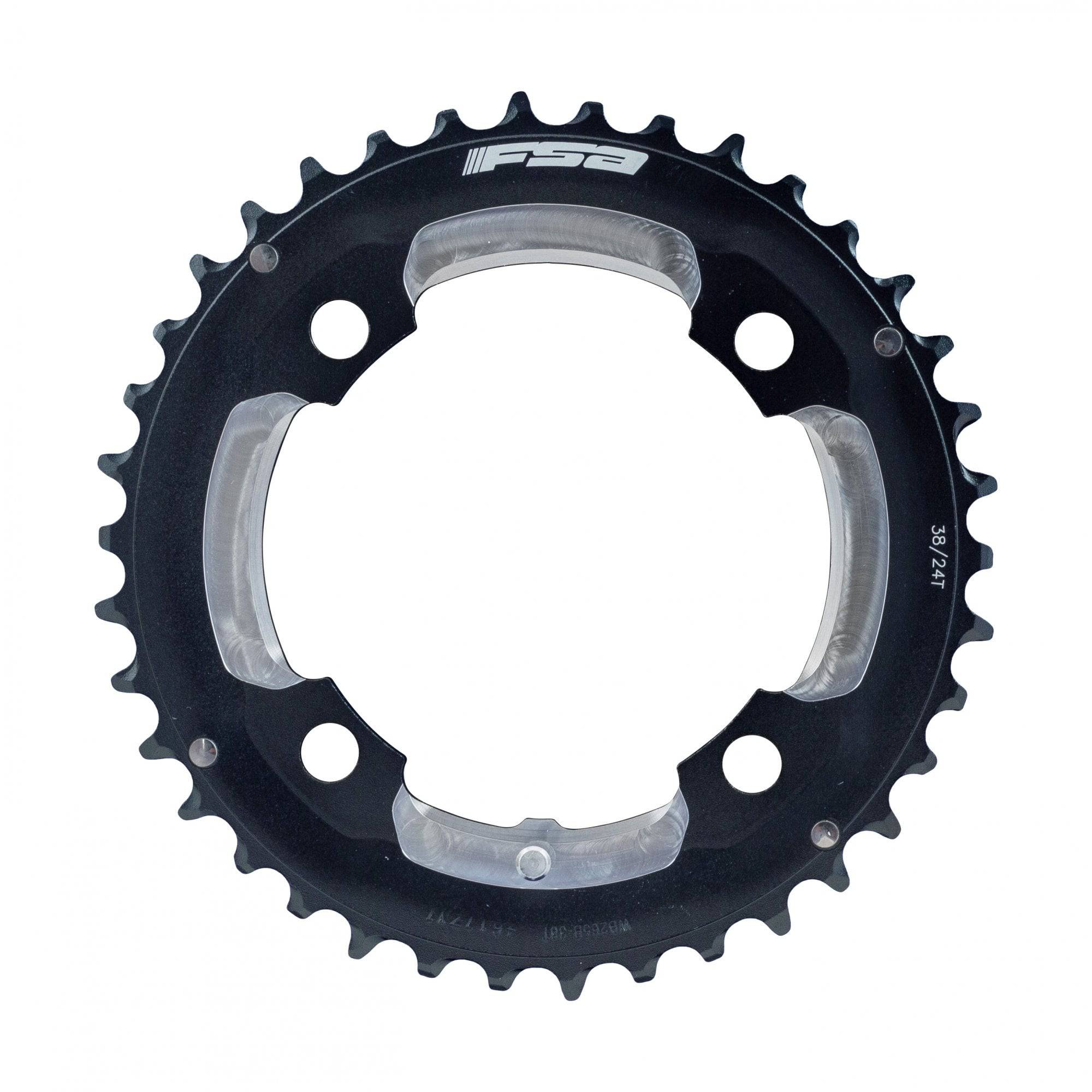 FSA Pro MTB 2x10 chainring in black with 104x38T teeth, CNC machined, 4-hole design, 12mm pin, durable bike components