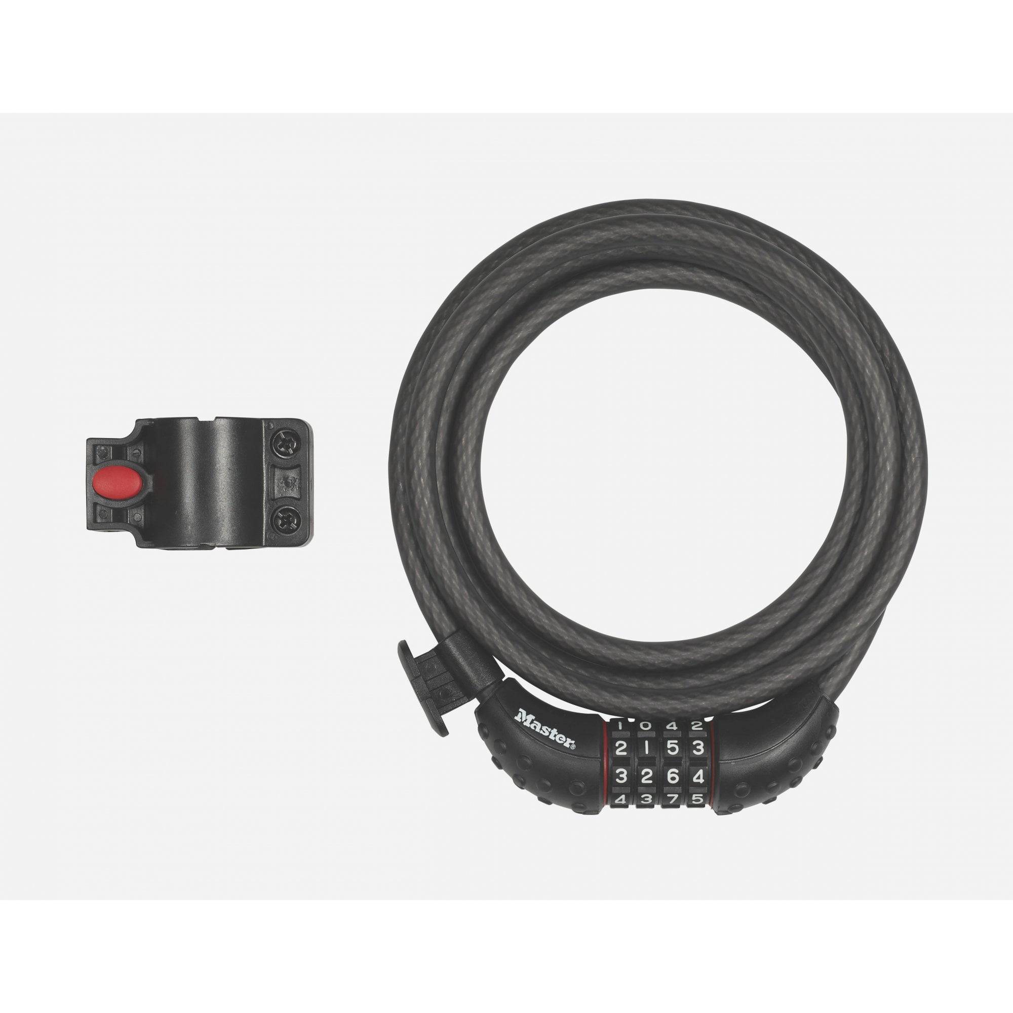 Master Lock cable combination lock with 10mm diameter and 1.8m length, featuring a 4-dial set-your-own code.