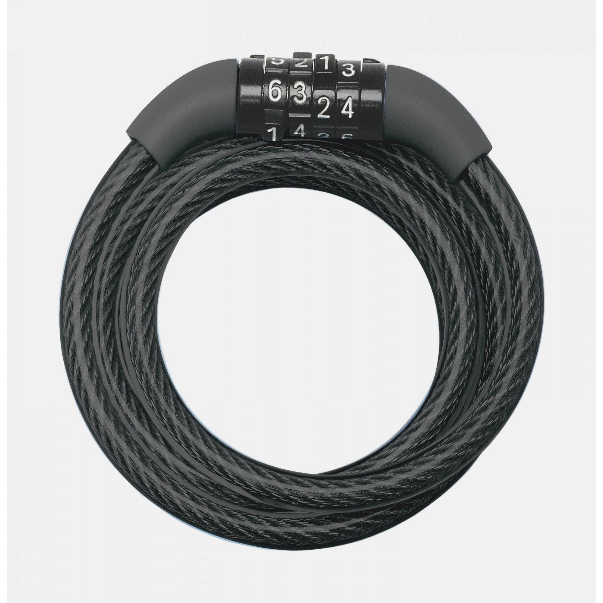 Master Lock 8mm x 1.2m cable combination lock with four dials and self-coiling design, used for securing bikes and lockers.