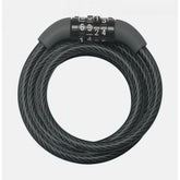Master Lock 8mm x 1.2m cable combination lock with four dials and self-coiling design, used for securing bikes and lockers.