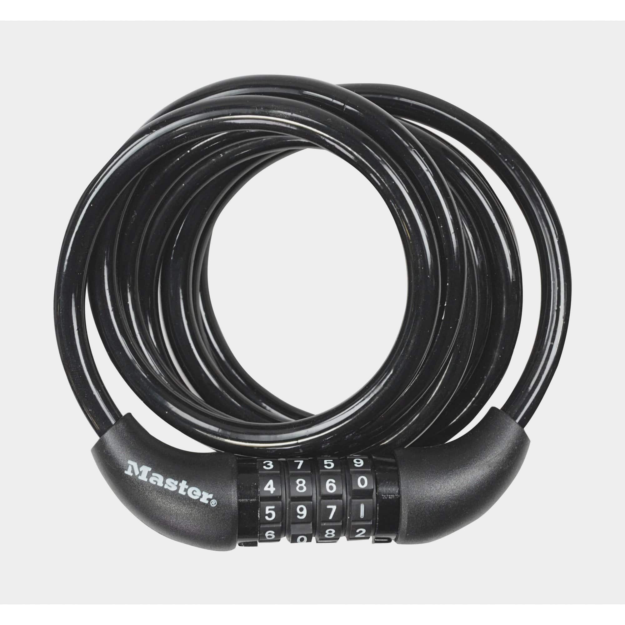 Master Lock 8221 cable combination lock with 8mm diameter and 1.8m length, featuring a 4-dial set-your-own code.