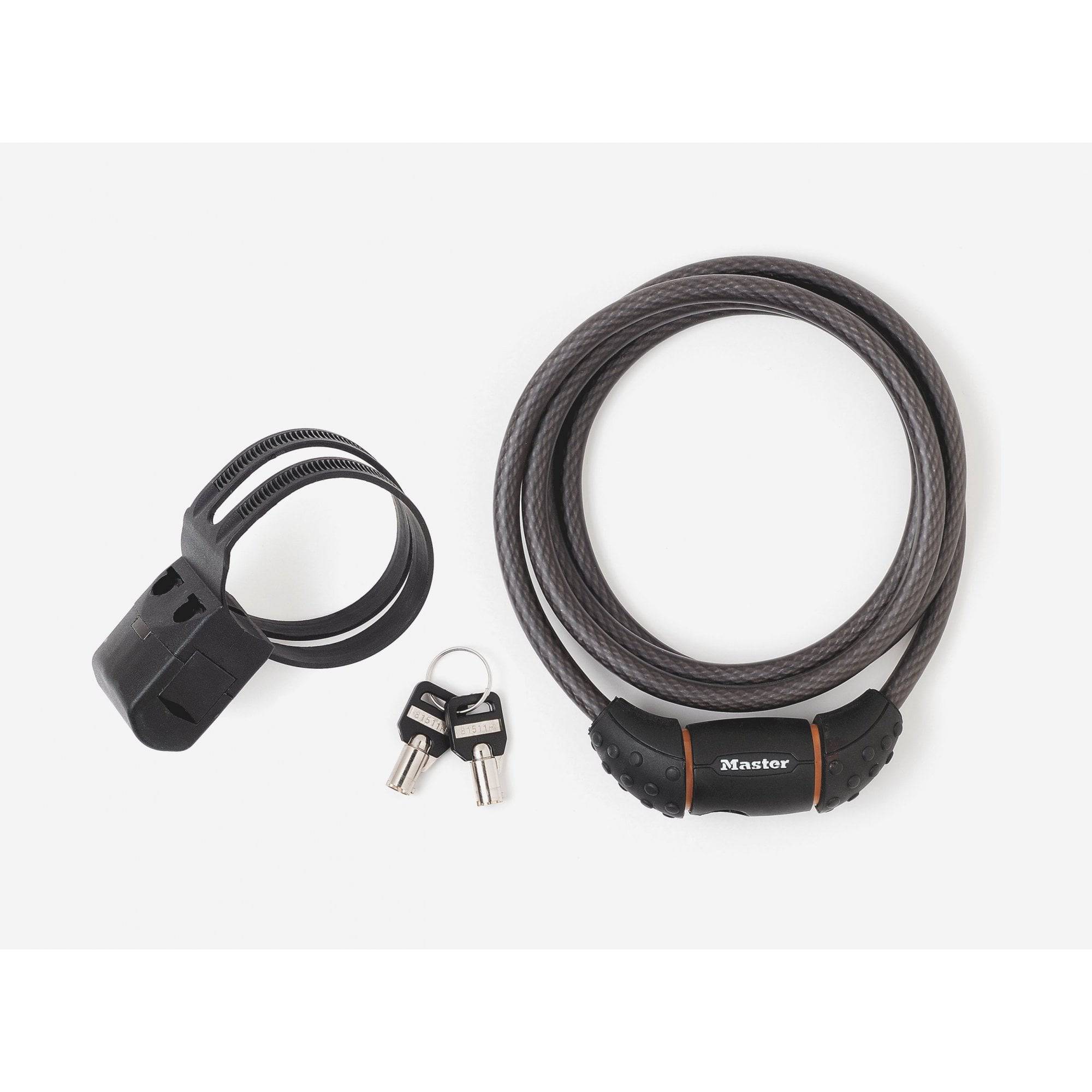 Master Lock 8130 cable key lock with 10mm diameter, 1.8m length, anti-pick disc cylinder, accessories for security.