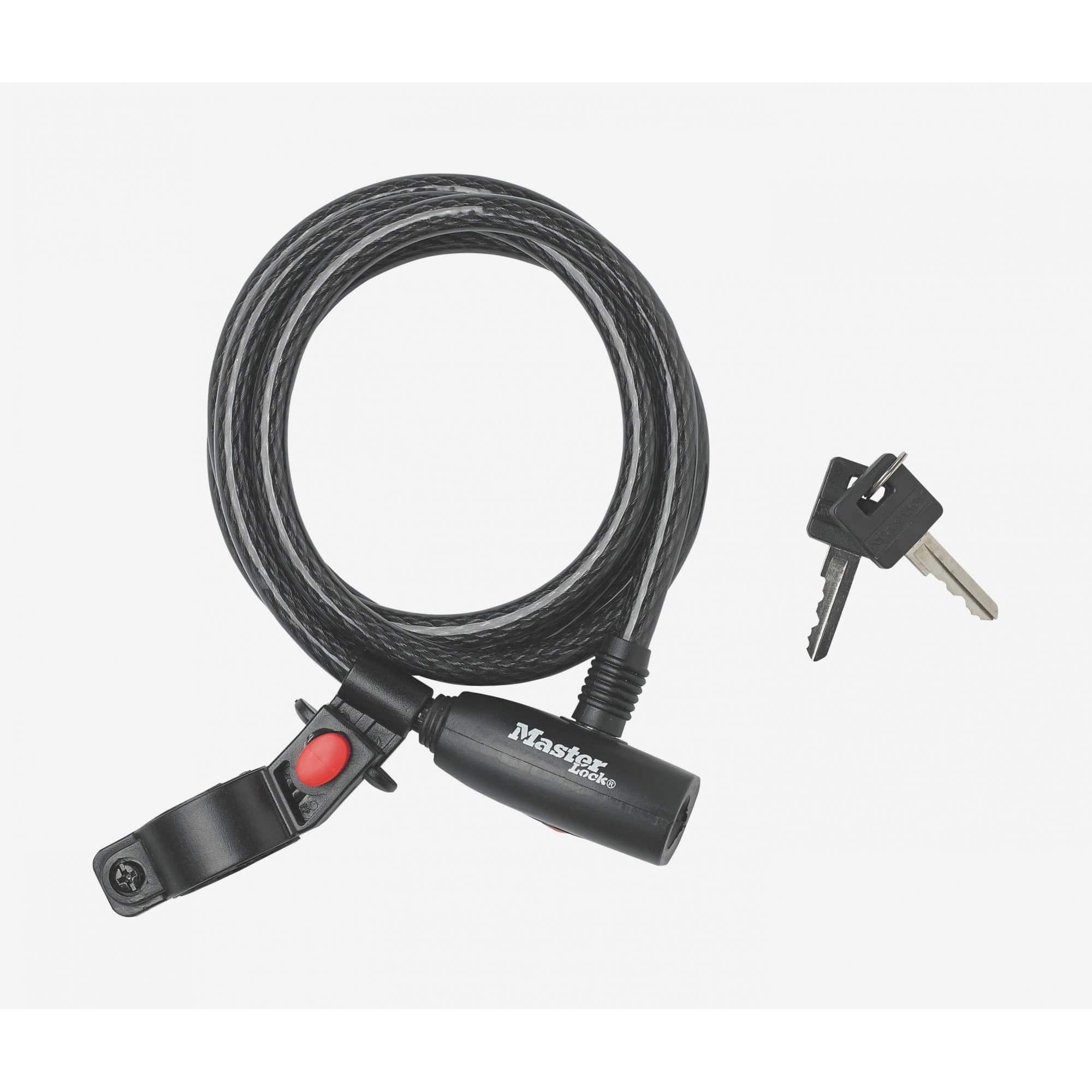 Master Lock 10mm x 1.8m cable key lock with pick-resistant security, shown coiled with key and lock mechanism.