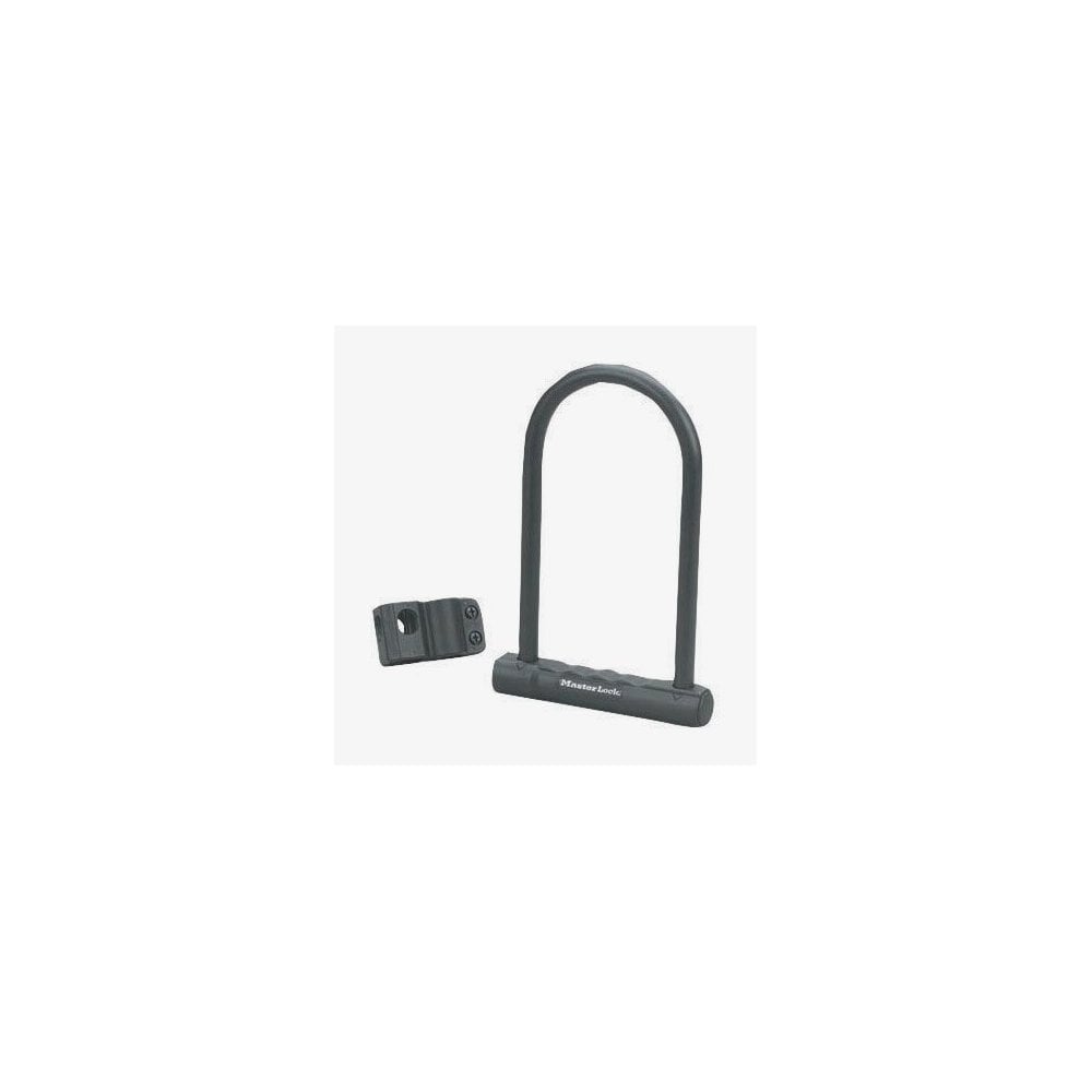 Master Lock U-lock 20x10cm in hardened steel with two keys and bracket for securing bikes and outdoor equipment.