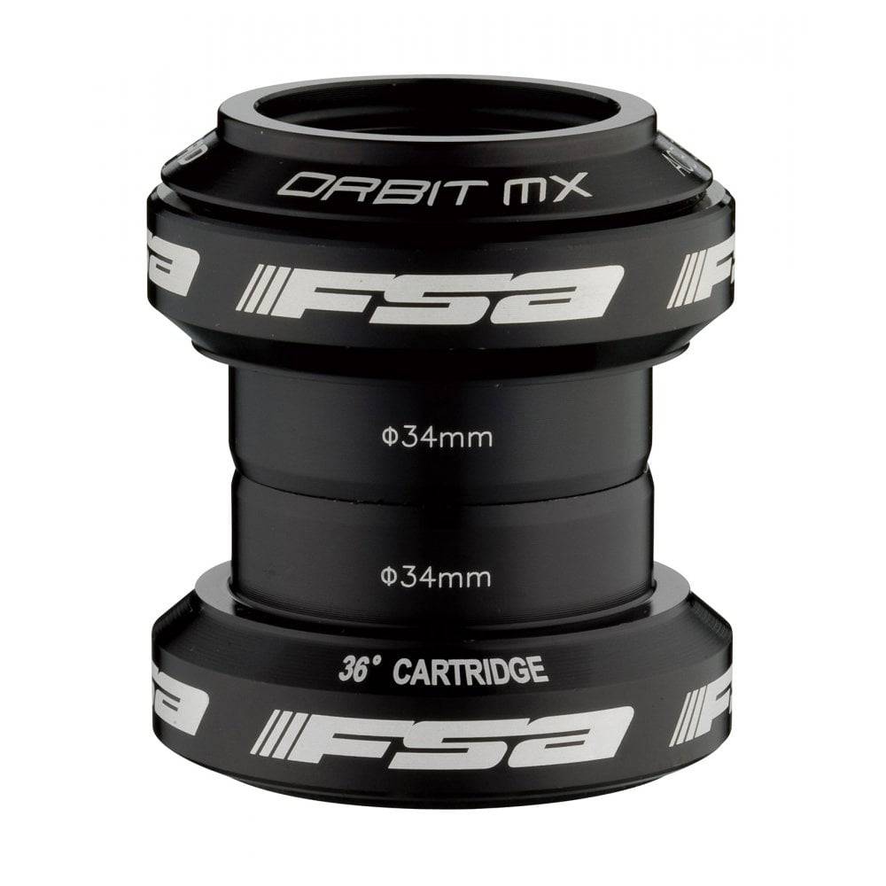 FSA Orbit MX 1.1/8 black headset with 36° angular contact bearings for bicycle steering components.