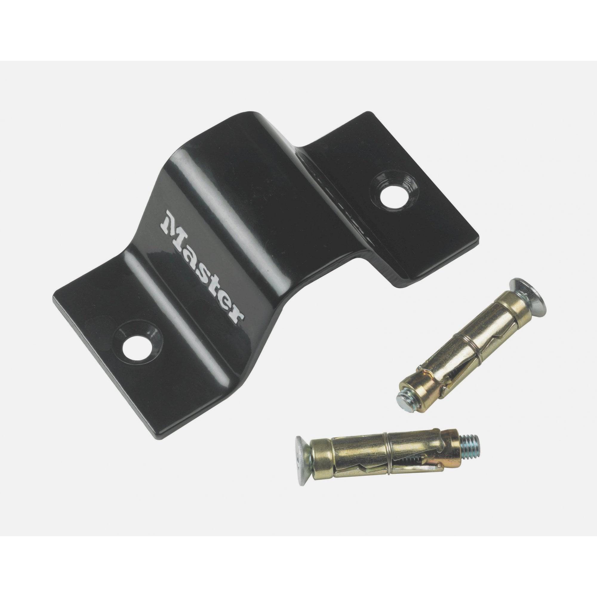 Master Lock floor anchor with high-security screws, 50x50mm, for securing bikes and equipment effectively.