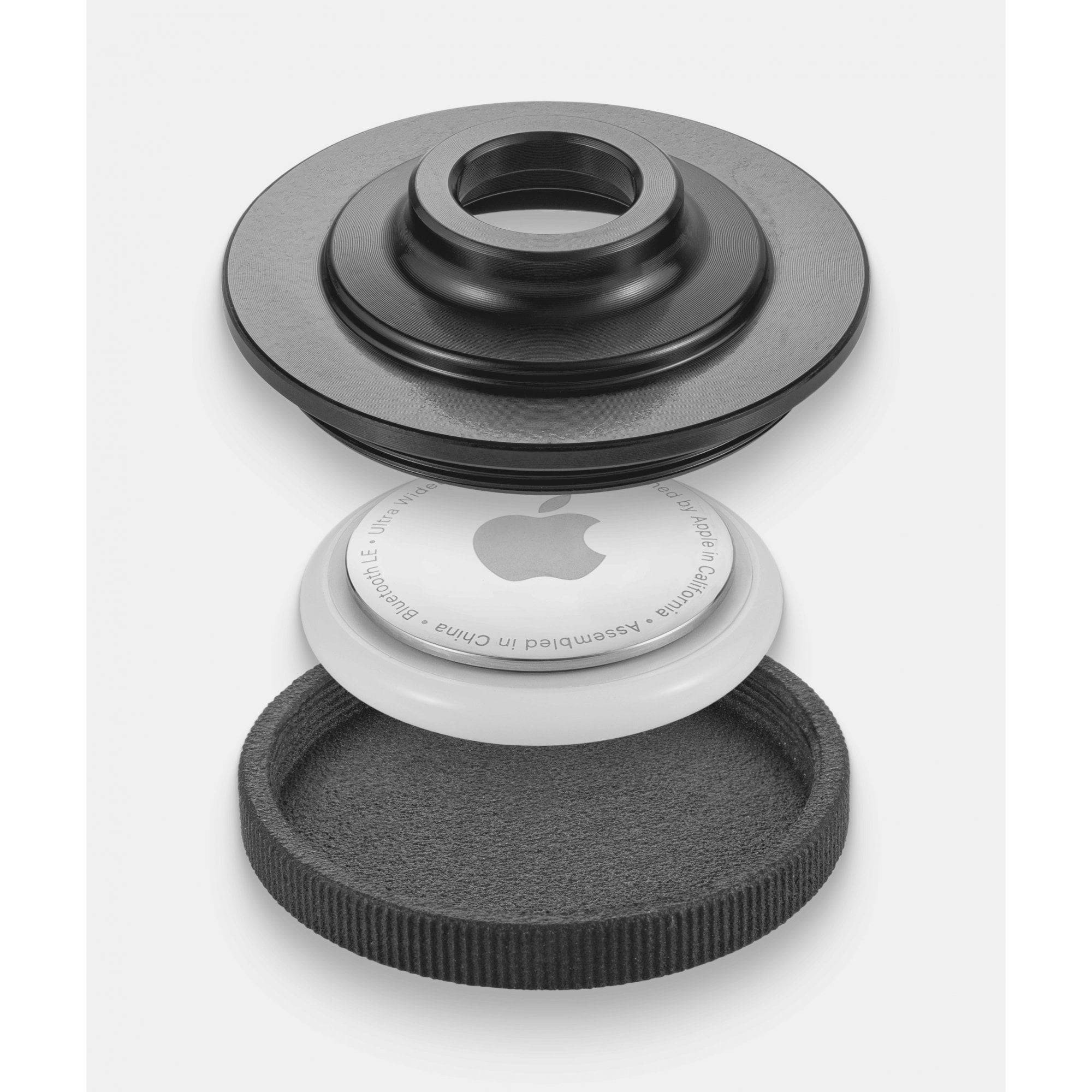 Granite STASH AirTag mount for Stash and Stash RT bike tool kits, 42mm cap compatible, workshop use, durable black plastic design.