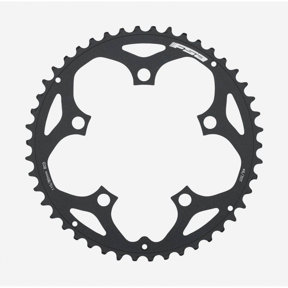 FSA Tempo road bike chainring 2x11 speed, 110x46T black 5-hole compatible, close-up of the black component with teeth.