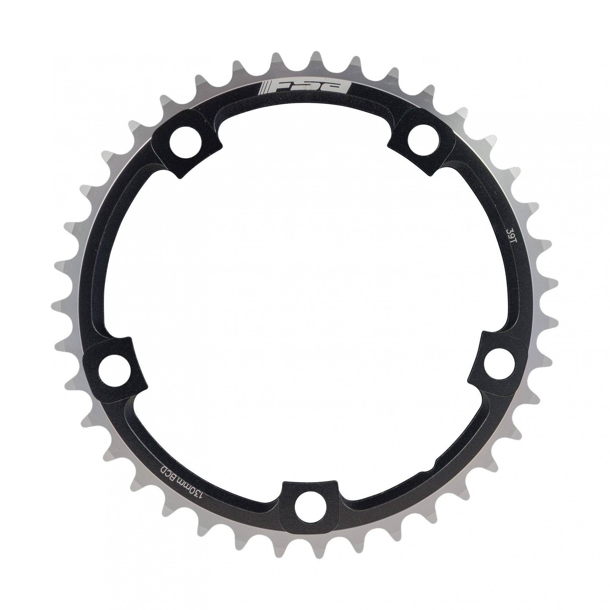 FSA Pro Road 130BCD 2x11 speed chainring for Shimano and Campagnolo road bike drivetrains, close-up of black component with teeth