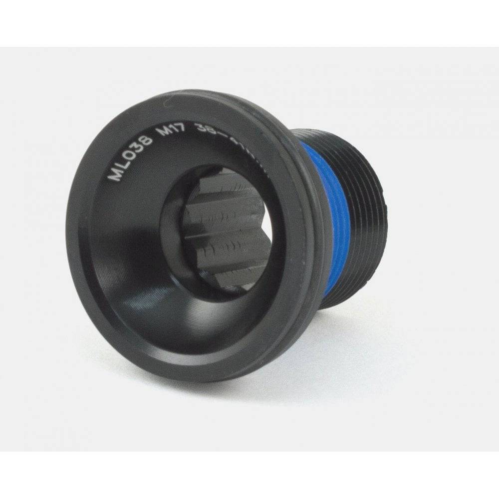 FSA MegaExo Modular Left Crank Bolt ML038 for M17 crank systems, shown in close-up with metal threads and black exterior.