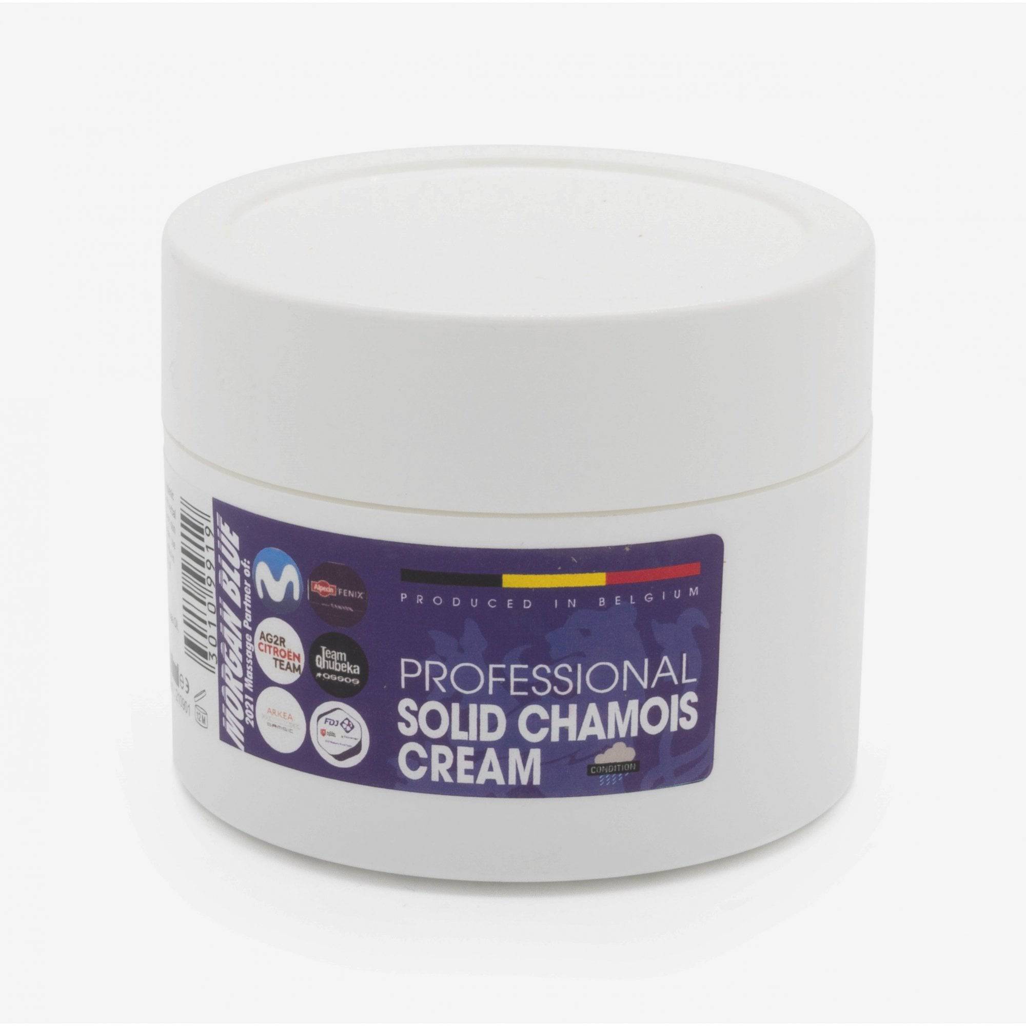 Morgan Blue Chamois Cream solid tub, anti-chafing skin protection accessory for cyclists, with a compact, hygienic design.