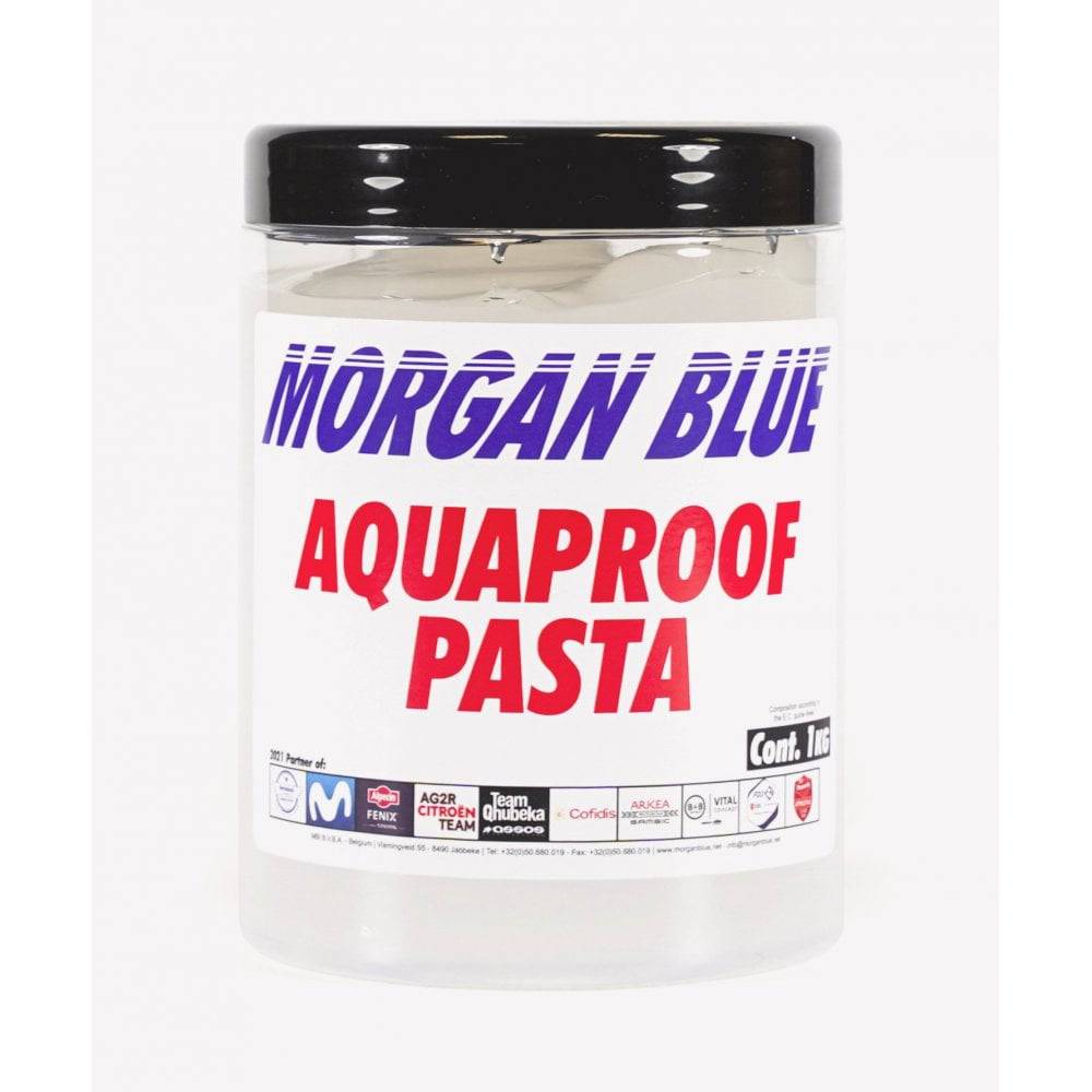 Morgan Blue Aqua Proof Paste waterproof lubrication sealant in a workshop container, used for waterproofing and sealing applications.