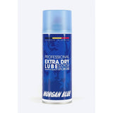 Morgan Blue Extra Dry Lube MTB and cyclo-cross bike chain lubrication spray in a workshop setting