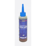 Morgan Blue Syn Lube Course synthetic chain oil bottle for road cycling, featuring a workshop setting with cycling tools.