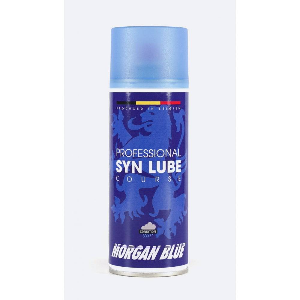 Morgan Blue Syn Lube Course synthetic chain oil for road cycling, shown in a workshop setting, ideal for bicycle chain lubrication.