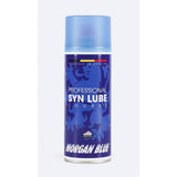 Morgan Blue Syn Lube Course synthetic chain oil for road cycling, shown in a workshop setting, ideal for bicycle chain lubrication.