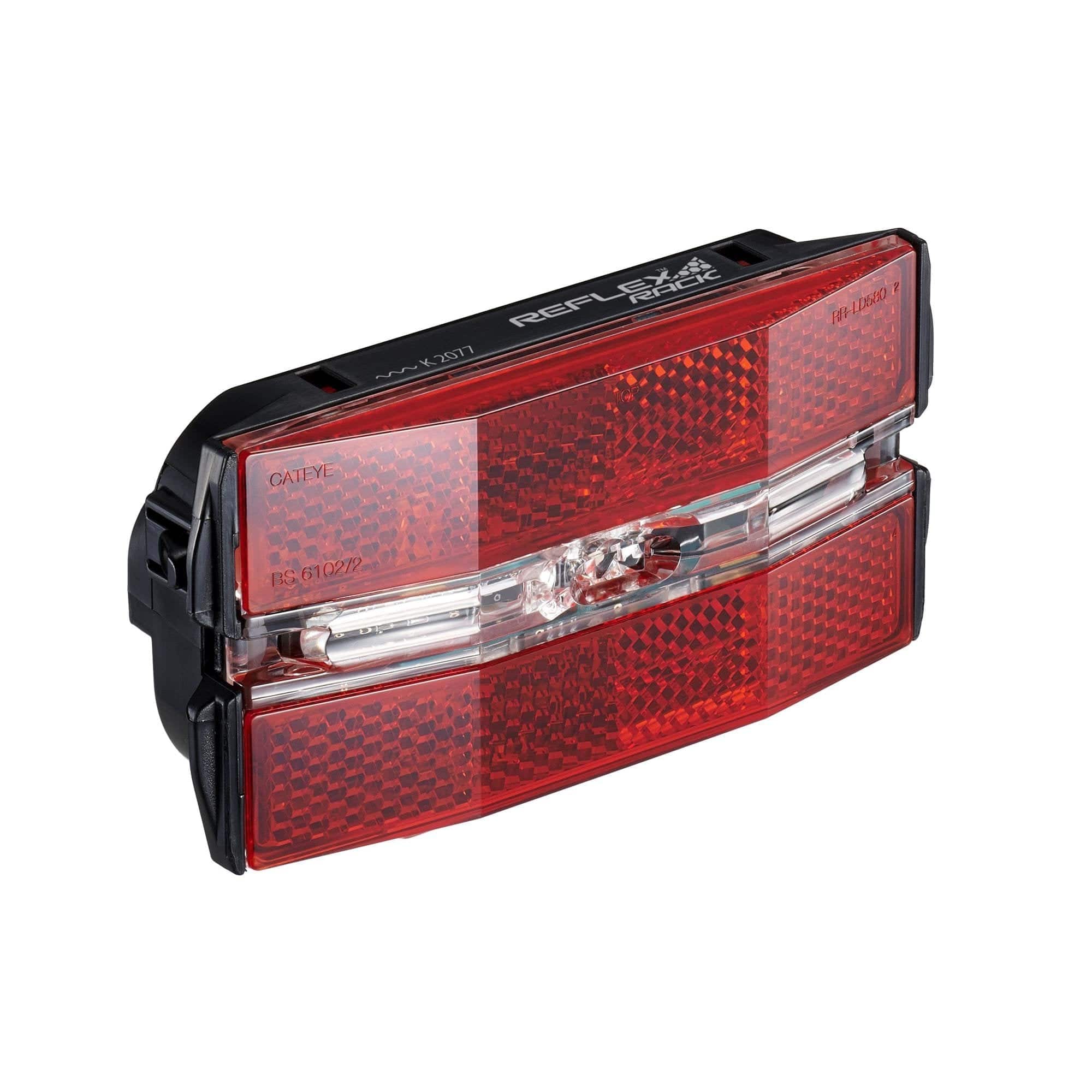 Cateye Reflex rear bike light with reflector, rack mount, battery-powered cycling accessory for visibility and safety.