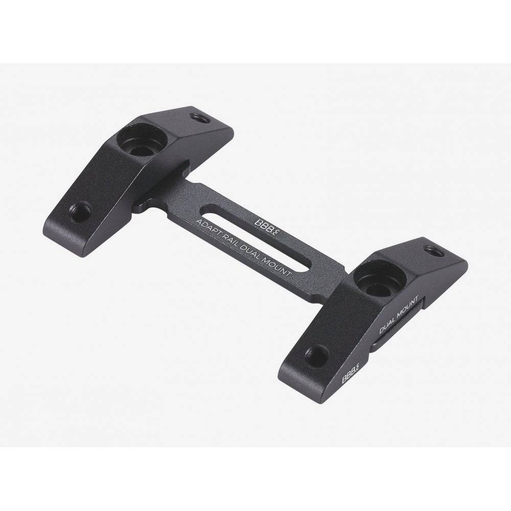 BBB BBC-113 DualMount Bracket for AdaptRail and MiniRail bike bottle cages, shown mounted on a bicycle frame.