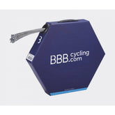 BBB BCB-31L Shimano gear cable, 1.1mm x 2350mm, in bulk pack of 100, shown with packaging and cables for bicycle components.