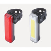 BBB BLS-138 LED bike light set with front and rear lights, waterproof design, USB charging, mounted on a bicycle.