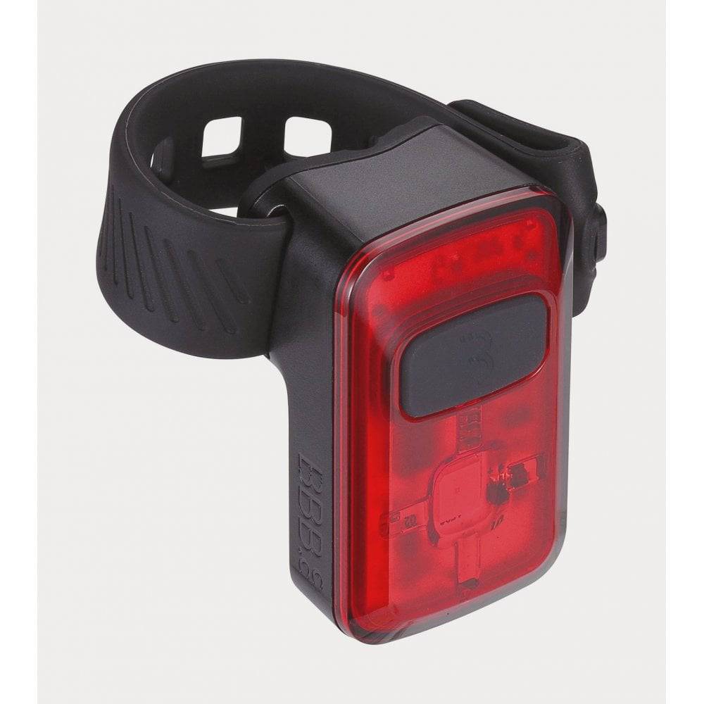 BBB Spark 2.0 rear LED bike light with USB rechargeable and waterproof design, mounted on a bicycle for visibility.
