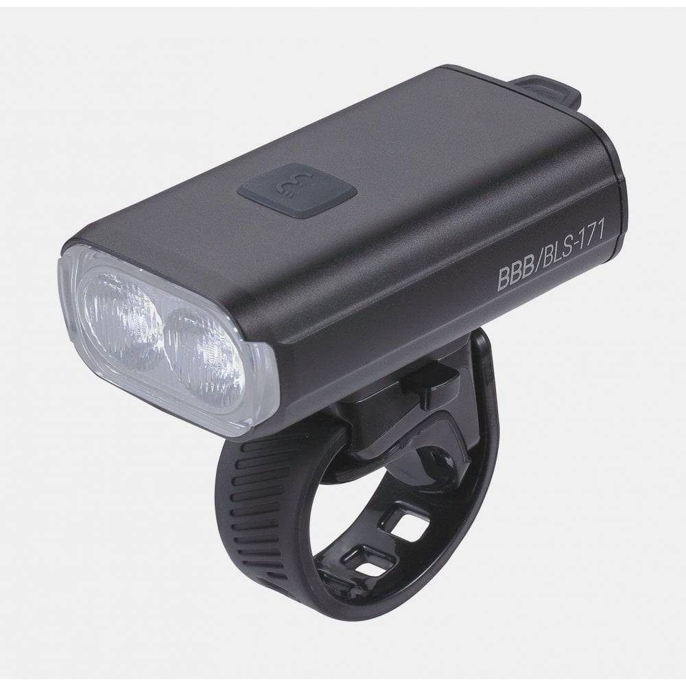 BBB BLS-171 Strike Duo 1200 LED bike front light in black showing high-power LED headlamp with adjustable straps.