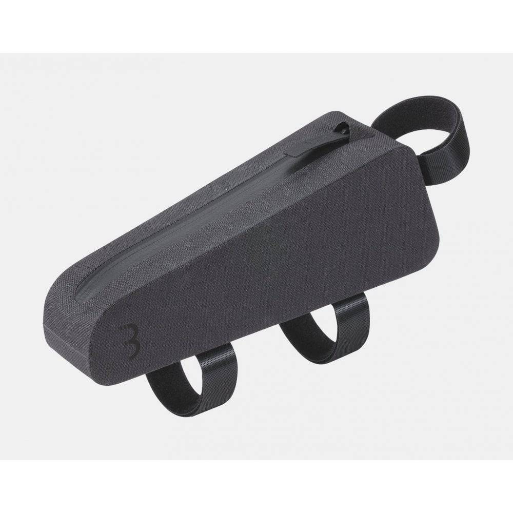 BBB BSB-62 SealTank waterproof top tube bike bag with rattle-free zipper, shown mounted on a bike's top tube for accessories storage.
