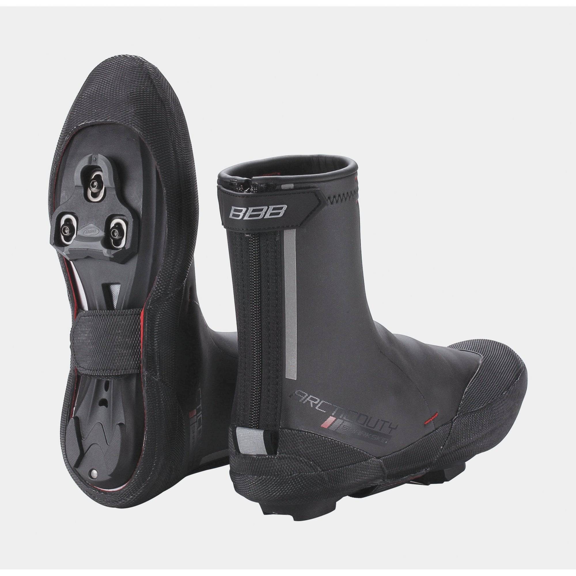 BBB RainFlex overshoes shoe covers, waterproof cycling protection, showing black waterproof fabric and reflective details.