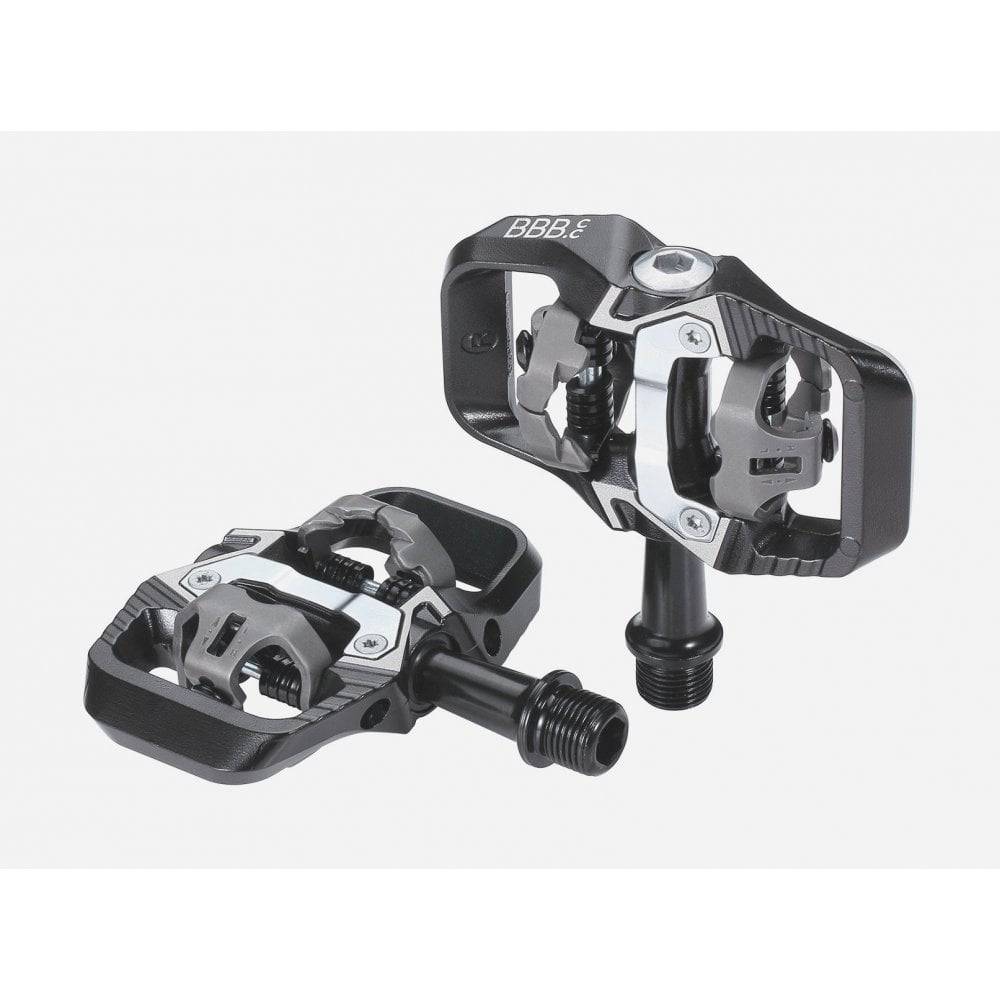 BBB BPD-71 TrailMount clipless MTB pedal with adjustable tension and SPD cleats, shown mounted on a mountain bike pedal platform.