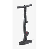 BBB BFP-20 AirWave floor pump with dual-head 3.0 valve and 9 bar gauge, shown with tire inflating nozzle and pressure gauge.