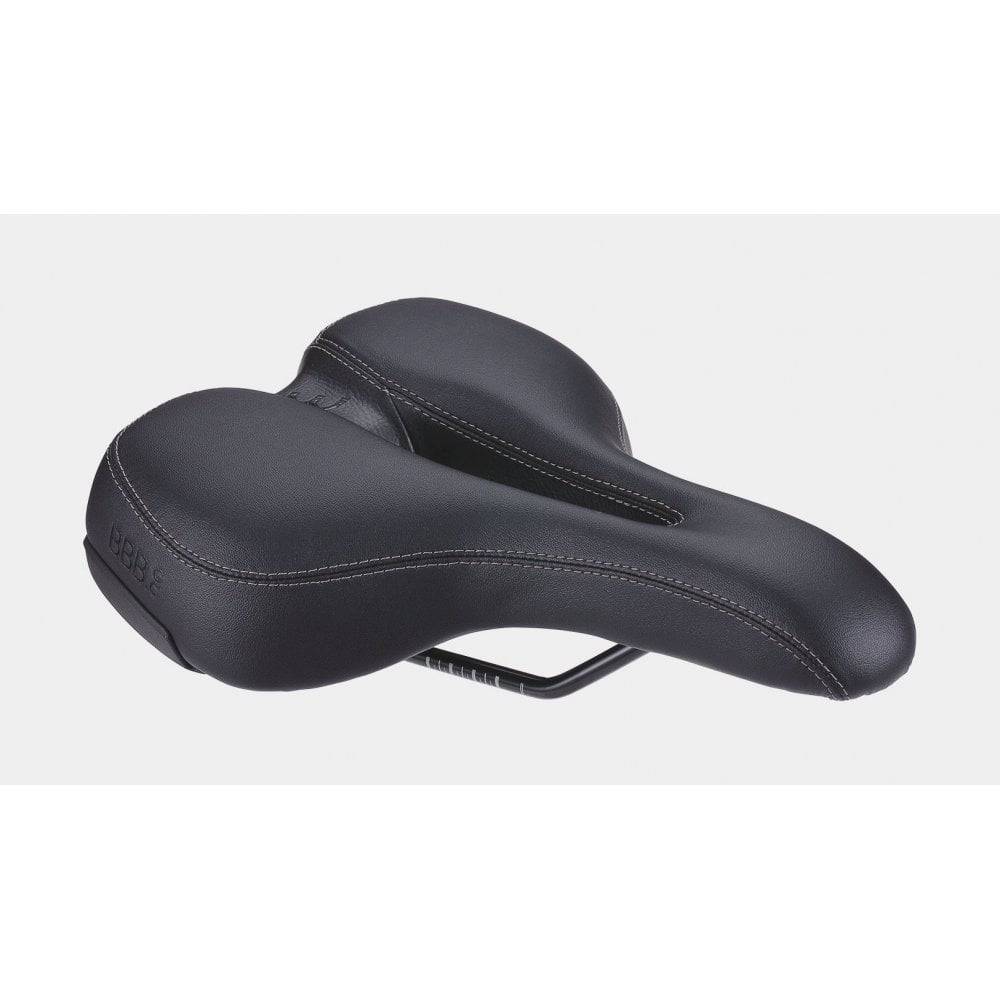 BBB BSD-122 SoftShape Active saddle with anatomic cut-out, black, 185x265mm, designed for comfortable bike riding.