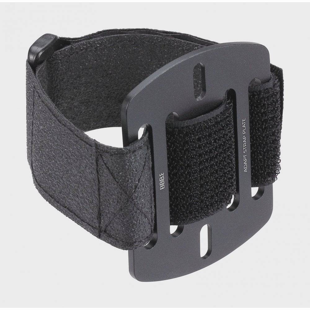 BBB BBC-112 StrapPlate mounting bracket for AdaptRail and bottle cage mounts, shown attached to a bicycle frame.