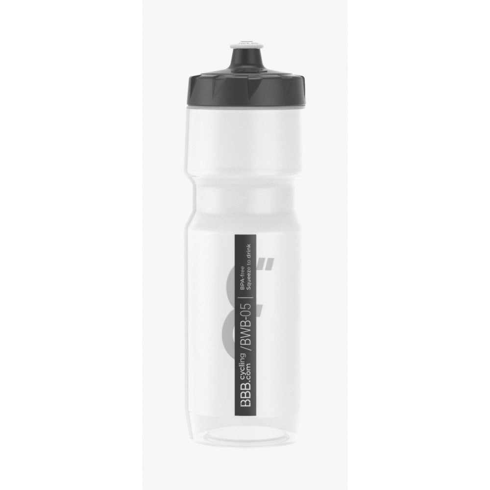 BBB CompTank XL 750ml cycling water bottle with softLock valve, shown with transparent body and blue accents, designed for hydration.