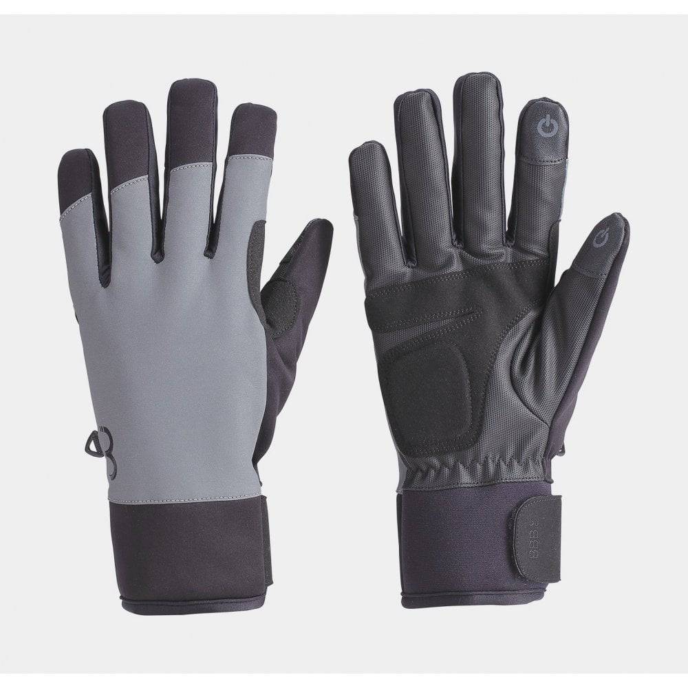 BBB ColdShield winter cycling gloves in black with reflective accents, waterproof material, touchscreen fingertips, and adjustable wrist straps.