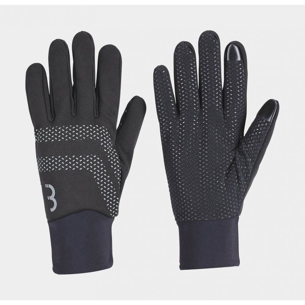BBB RaceShield WB2.0 winter gloves with touchscreen fingertips and reflective prints, designed for cold weather cycling.