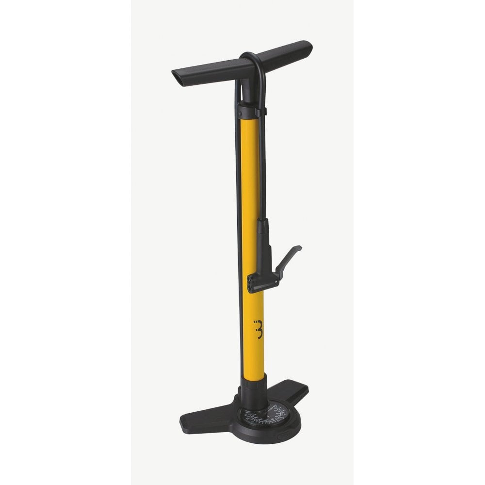 BBB AirBoost Floor Pump with Gauge BFP-28 showing dual-head valve and digital pressure gauge for bike inflation.